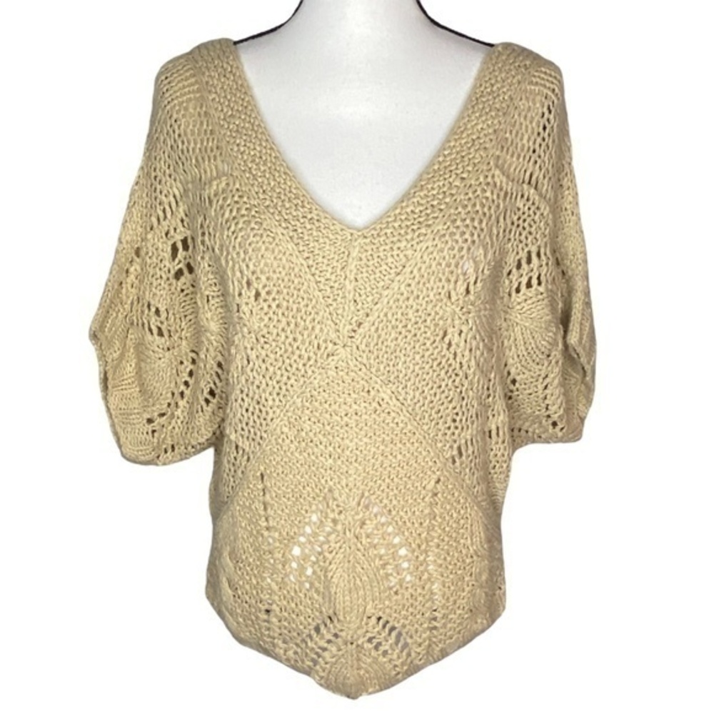 Forever 21 Sweater Tan Open Knit V Neck Short Slouchy Dolman Sleeve Top Size L